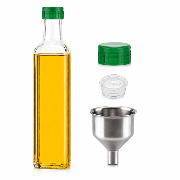 17oz Glass Olive Oil Dispenser Bottle, 500ml Oil and Vinegar Cruet Set with Pour Spouts, Leakproof Caps and Funnel, Clear Kitchen Glass Oil Container for Cooking & Salad Dressing