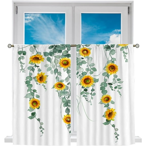 Short Tier Curtains for Kitchen Bathroom, Vibrant Sunflower Cafe Curtains, Soft Airy Kitchen Sink Curtains with Kitchen Bathroom Window Curtains, 39" L x 27.5" W, 2 Panels