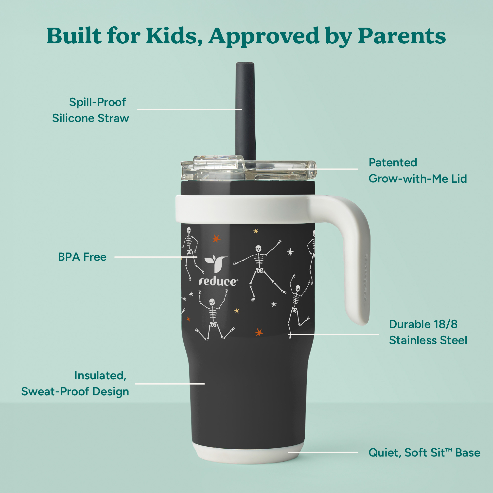 Reduce Coldee Kids 18 oz Halloween Tumbler with Spill-Proof Straw & Handle. Insulated Stainless Steel, Boogie Bones