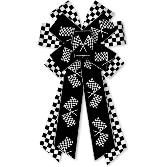 Hsomely Large Racing Checkered Flag Wreath Bow, Black White Burlap, 11.42 x 20.87 Inch, Race Car Party Front Door Decor