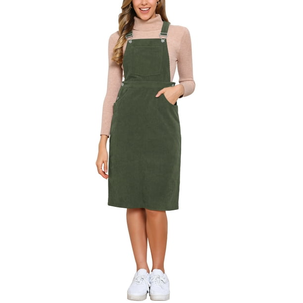 INSPIRE CHIC Vestido Midi Casual de Pana Sin Mangas con Cuello Cuadrado y Tirantes Ajustables con Bolsillos XS Verde Ejército