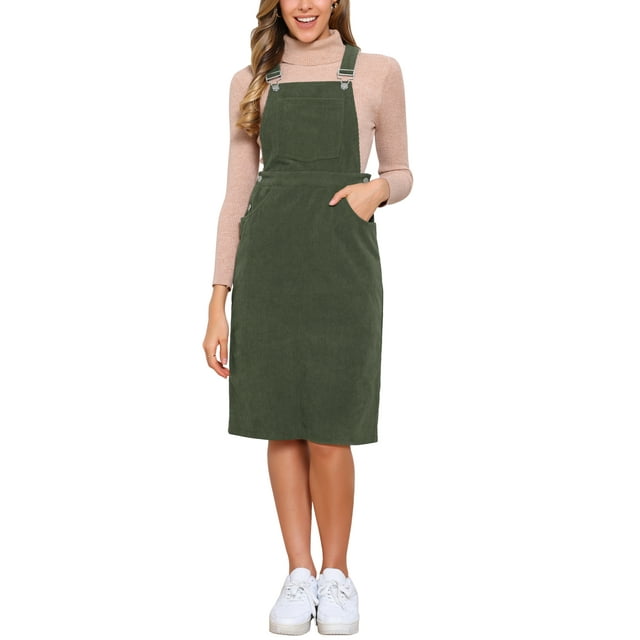 Vestido midi casual sin mangas de tirantes ajustables de pana para mujer Inspire Chic con bolsillos en verde ejército XL