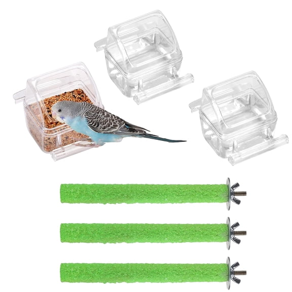 6-Piece Clear Bird Feeder Set, No-Leak Bowls & Frosted Perches, Bird Cage Accessories for Parrots