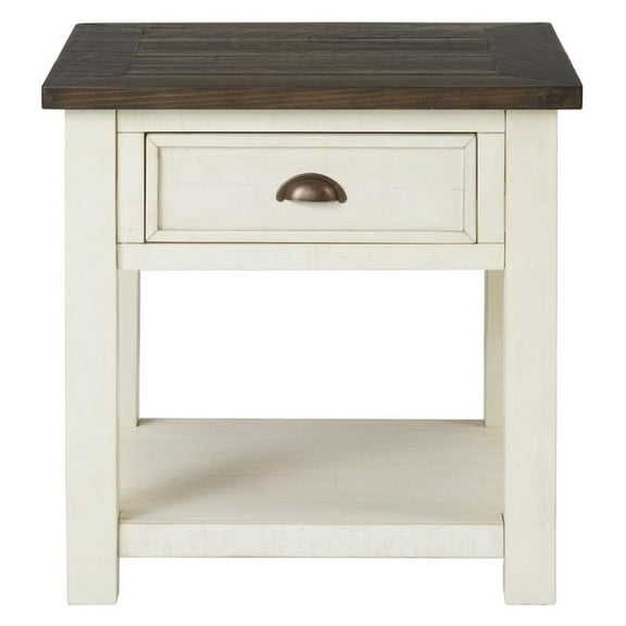 Bowery Hill Farmhouse Wood 1 Drawer End Table in Cream White and Brown