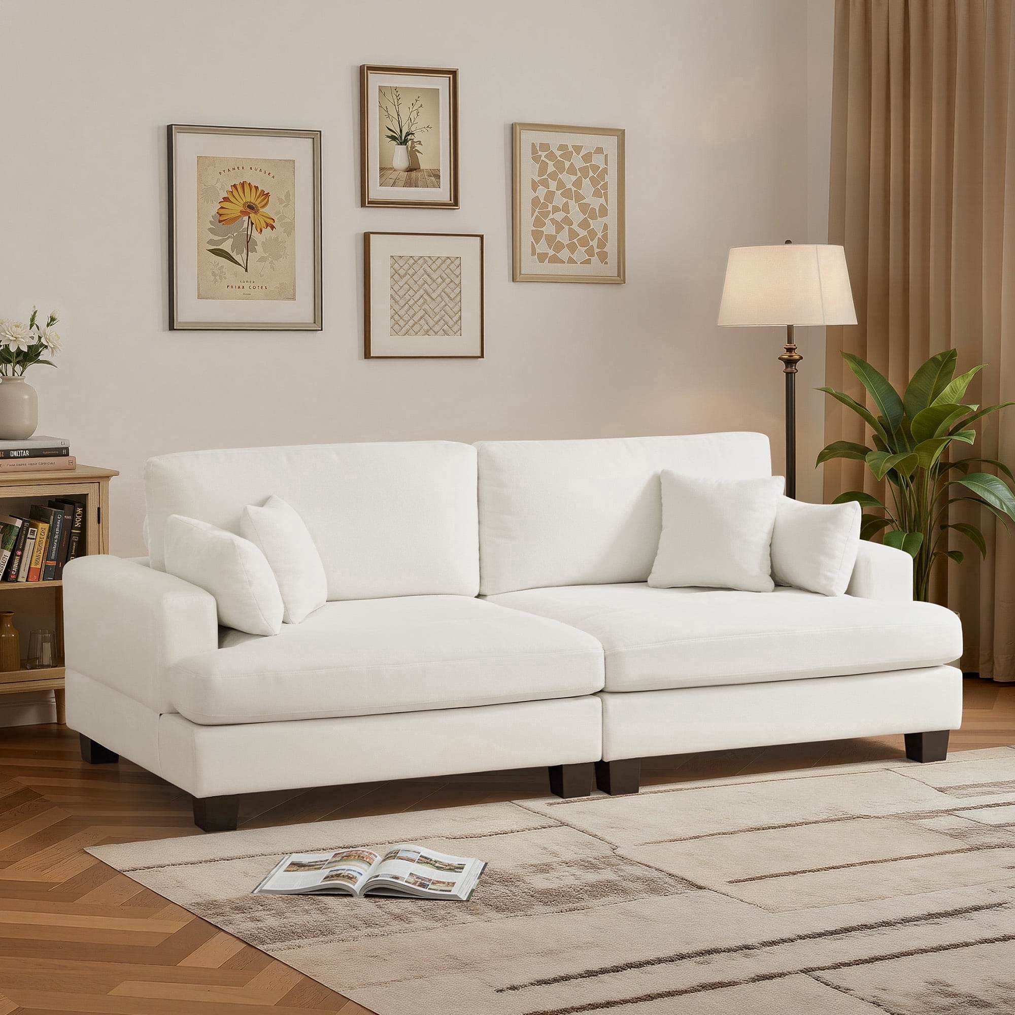 Dycanpo 3 Seater Corduroy Sectional Sofa with Pillow, 88" Upholstered White Couch, Loveseat Sofa for Living Room, Beige White