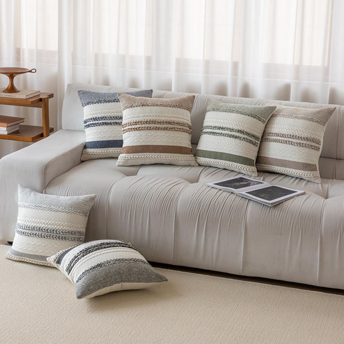 FTCBJJA Set of 2 Farmhouse Throw Pillow Covers 18x18 Striped Neutral Decorative Pillows Cushion Case for Sofa Couch Chair Bedroom Modern Decor, Gray and Off White
