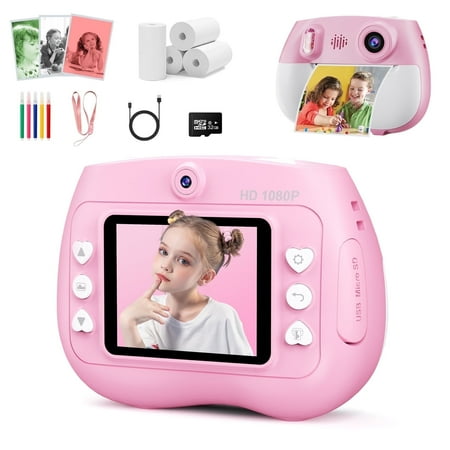 TOPVISION Kids Camera Instant Print, 1080P HD Digital Cameras with 32GB Storage Card & 4 Paper Rolls, Gift for Boys & Girls Ages 4-12 - Pink