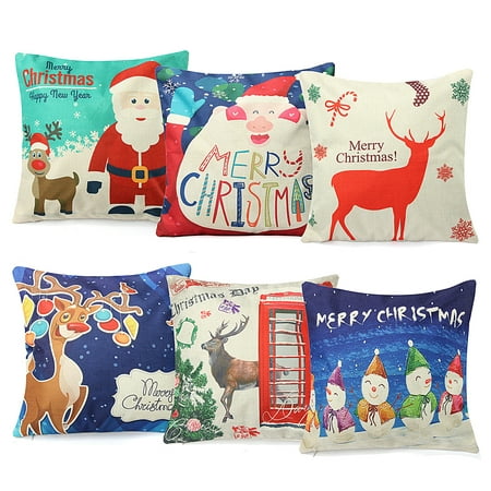 Cartoon Printed Cushion Cover, Cotton Linen Blend Throw Pillow Case Home Sofa Cafe Decor Christmas Deer Santa Claus Pattern (Without Core)