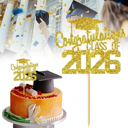 Congratulations Cake Topper Glitter Congrats Grad Decorations Class of 2026 College Senior Graduation Celebration Party Celebration Decor Yellow