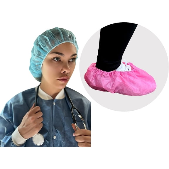 Endure Medical Supply Combo, Disposable Bouffant Cap 21” 4 Pack of 100, Anti-Skid Shoe Cover Pink Color 4 Pack of 100