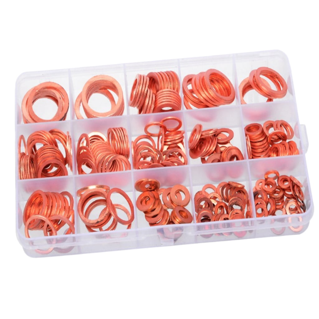 280pc 12 Sizes Assorted Solid Copper Crush Washers Seal Flat Ring Gaskets w/ Box 