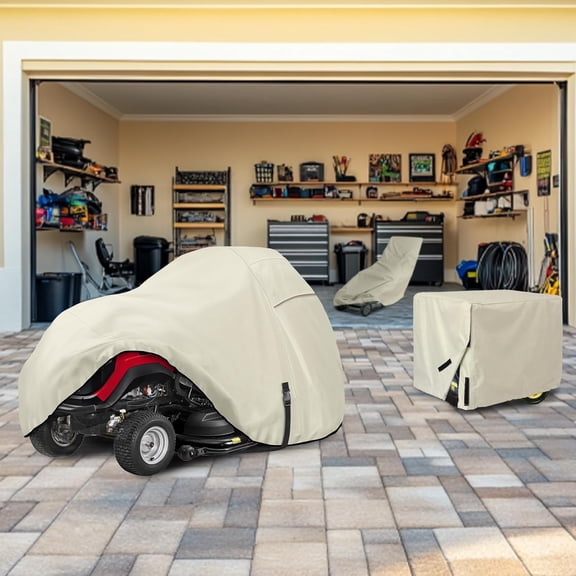 Heavy Duty 600D Polyester Lawn Tractor Cover, Waterproof Universal Riding Lawn Mower Cover (Up to 62 inches Decks, Light Tan)