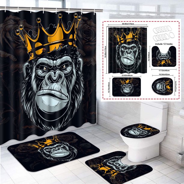 Juego de 4 cortinas de ducha para baño, juego de cortinas de ducha de poliéster con alfombras de baño, juego de baño con patrón pintado de corona de chimpancé con fondo negro con cortina de ducha y