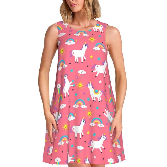 Fotbe Yoga Unicorn Vestido de Verano sin Mangas para Mujer – Vestido Midi Línea A, Estilo Camiseta Floral, Vestido Playero Casual y Fluido