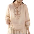 thumbnail image 3 of DDAPJ pyju Cotton Linen Shirts for Women Summer Trendy Boho Tops Lace Up Embroidered Peasant Blouses 3/4 Sleeve Casual Dressy Shirt Ventas Flash Hoy Beige M, 3 of 5
