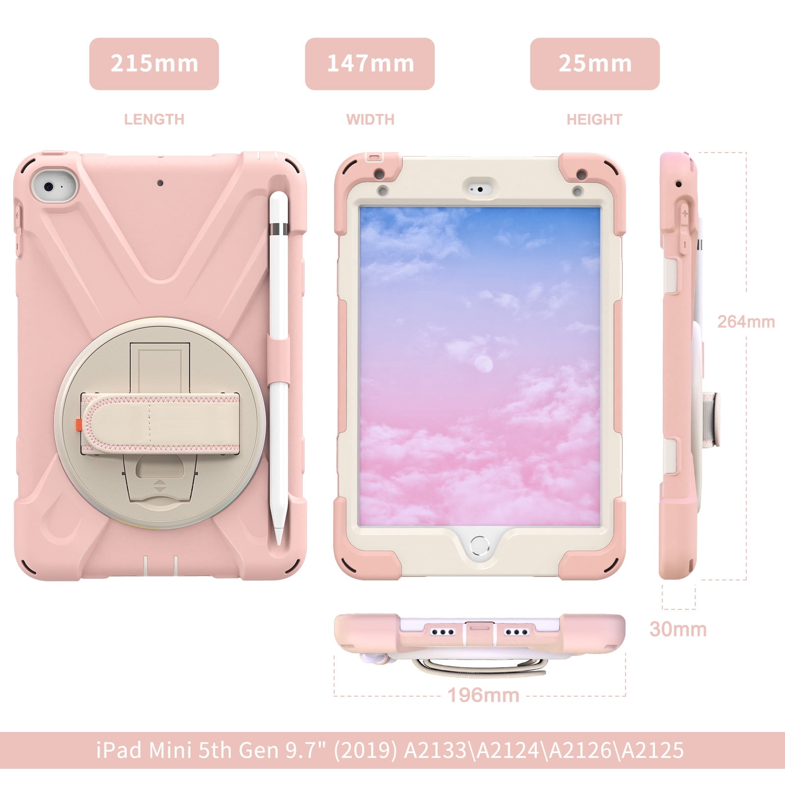 Allytech iPad Mini 5 Case Kids, iPad mini 4 Case with Screen Protector, Heavy Duty Protection Rugged Kids Friendly Shockproof Kickstand Pencil Holder Case Cover for Apple iPad mini 4/ mini 5,Pink