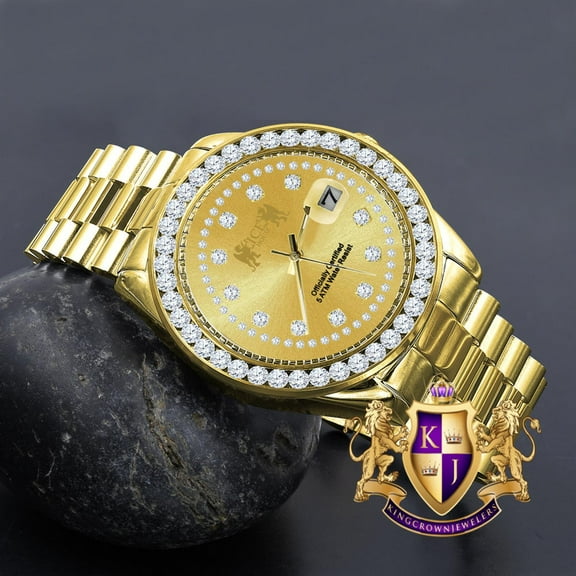 Mens Full Solid stainless Steel Solitaire 18K Yellow Gold Finish Simulated Diamond 41mm Watch