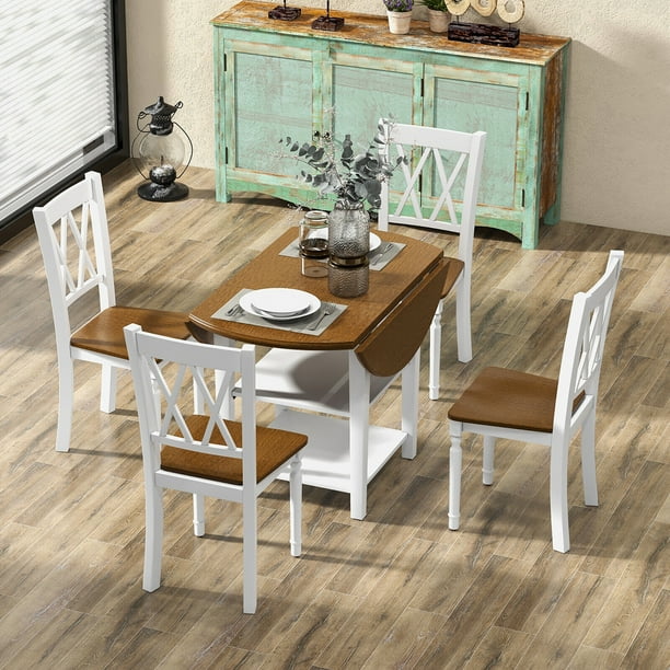Gymax 5 Piece Round Dining Kitchen Set w Drop Leaf Dining Table