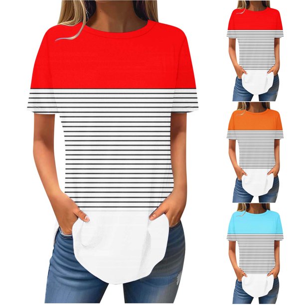 Fiudx Ofertas Relámpago Blusa de Manga Corta Vendida a La Moda para Mujer, Blusas Informales con Cuello Redondo