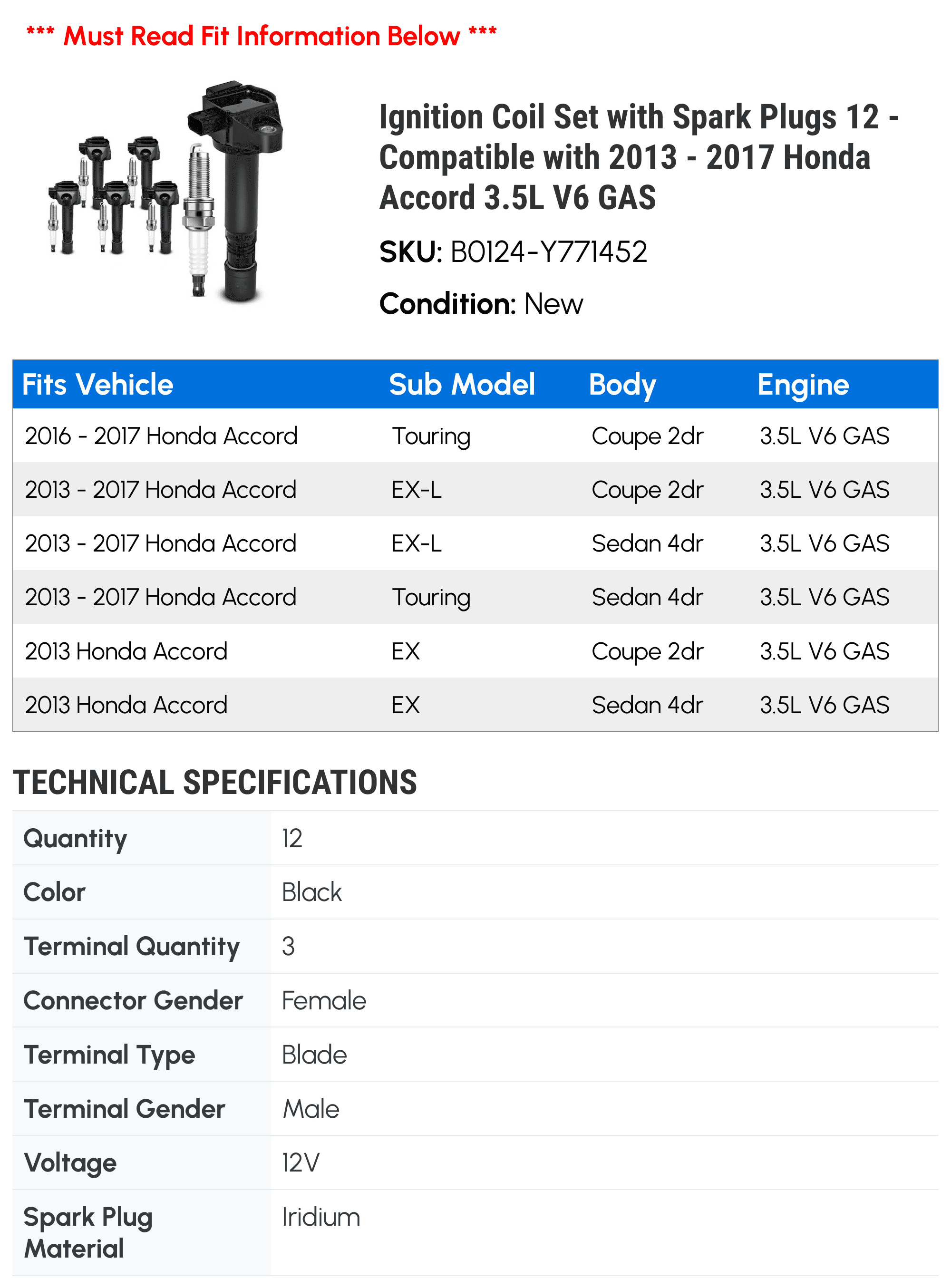 Ignition Coil Set with Spark Plugs 12 - Compatible with 2013 - 2017 Honda Accord 3.5L V6 GAS - Autopart Premium
