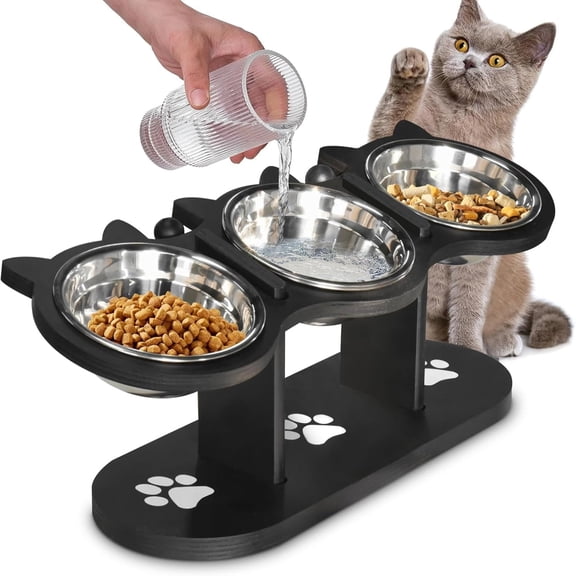 Upgraded Elevated Cat Bowls with Food Mat,15° Tilt Raised Pet Feeding Bowl Stand - Adjustable Height Dog and Cat Bowl Holder with 3 Stainless Steel Bowls -Elevated Feeder for Indoor Pets