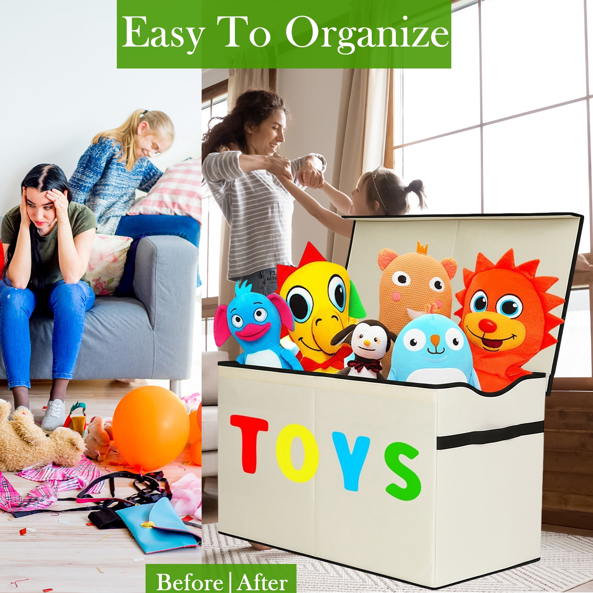 VICTORICH Large Child Collapsible Toy Storage Fabric 32 gal Kids Room Toy Chests, with 1x Extra Large Toy Storage Box with Lid, Beige