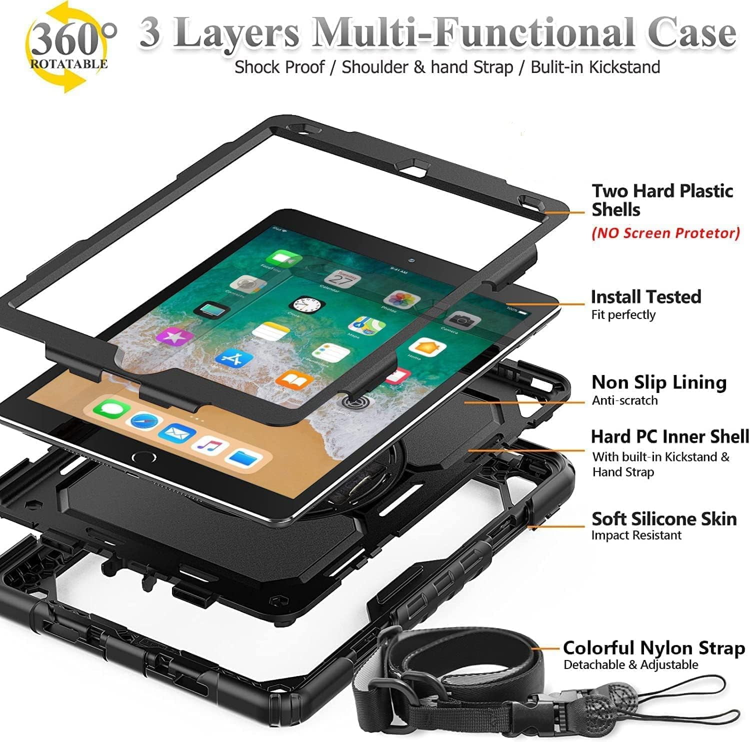 SUPNICE iPad 6th/5th Generation Case, iPad Air 2 Case, iPad 9.7 Case 2018/2017,iPad 9.7 Pro Case,Shockproof [360 Rotating Stand][Hand Strap][Pencil Holder] Case, Black