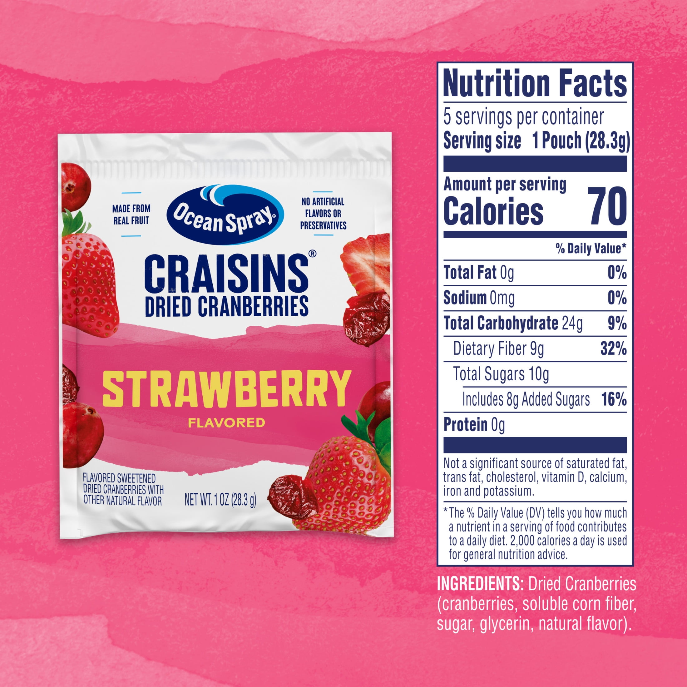 Ocean Spray® Strawberry Flavored Craisins® Dried Cranberries, 5‑Count Single‑Serve 1 oz Snack Packs