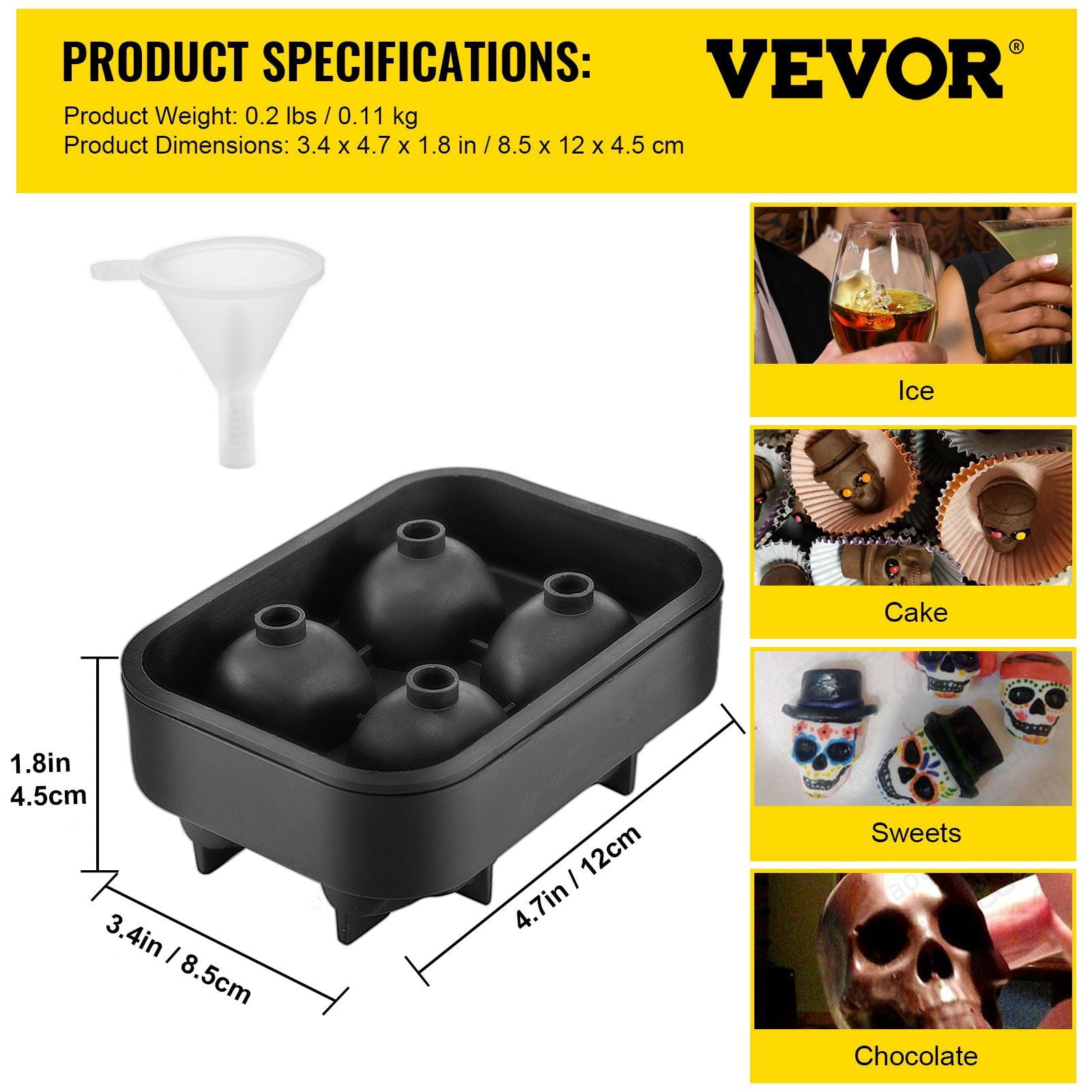 4-Grid Skull Ice Cube Tray with Lid & Funnel, Flexible Black Silicone Mold for Halloween Cocktails, Party Drinks – Makes 1.6” Skull Ice Cubes (BPA-Free)