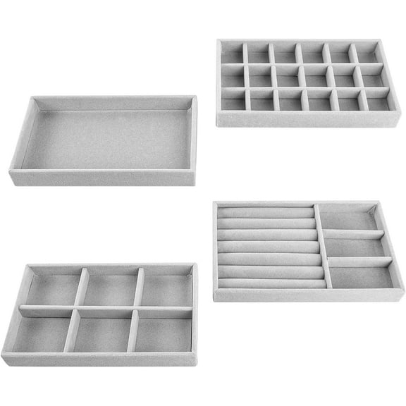 Velvet Jewelry Tray, Set Of 4 Jewelry Organizer, Jewelry Storage Drawer Stackable Separator Display Drawer, Organizer Trays Display Stand For Earrings, Necklaces (Grey)