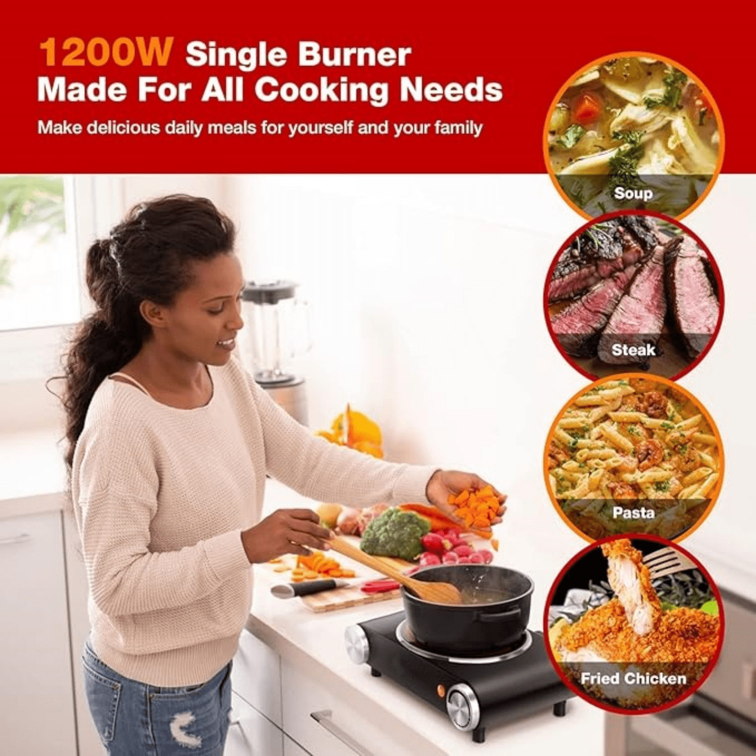 Hot Plate, Single Burner for Cooking, 1200W Portable Infrared Ceramic Electric Stove with Adjustable Temperature, 7.1” Cooktop for Home/RV/Camp, Compatible for All Cookwares, Black