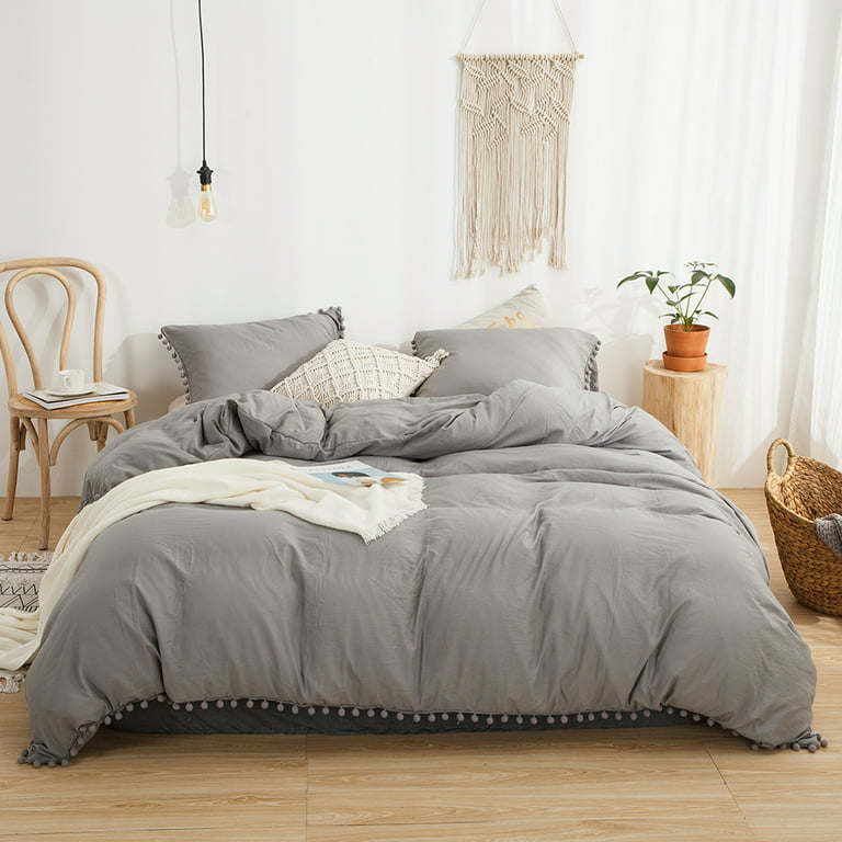 Move Over Light Grey Bedding Sets Queen Pom Poms Pattern 100% Washed  Microfiber Boho Gray Duvet Cover Set No Filling