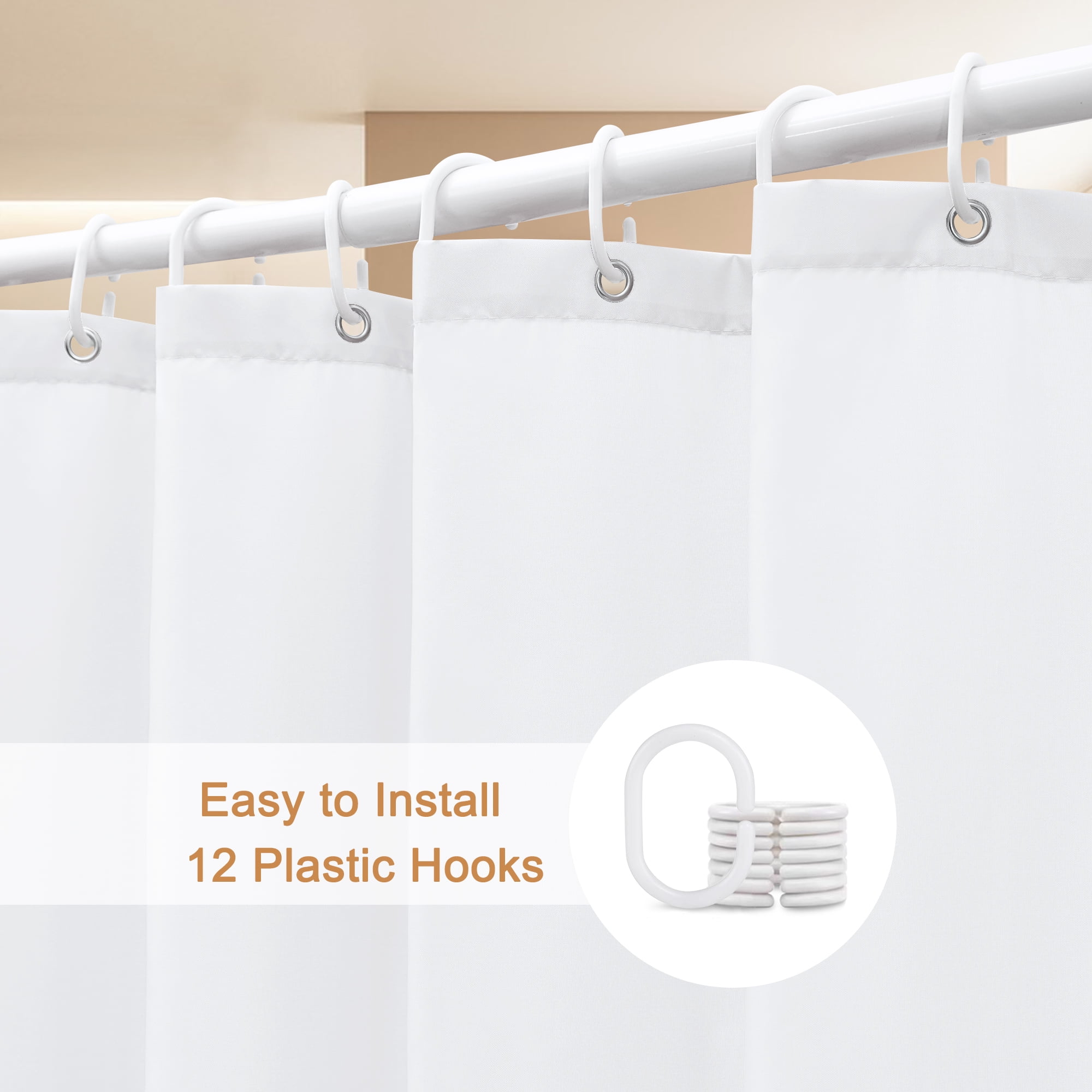 Inosoo Fabric Shower Curtain Liner, 72"W x 84"H Waterproof Shower Liner with Hooks, Extra Long Cloth Shower Curtain, Mildew Resistant & Machine Washable, White  (图3)