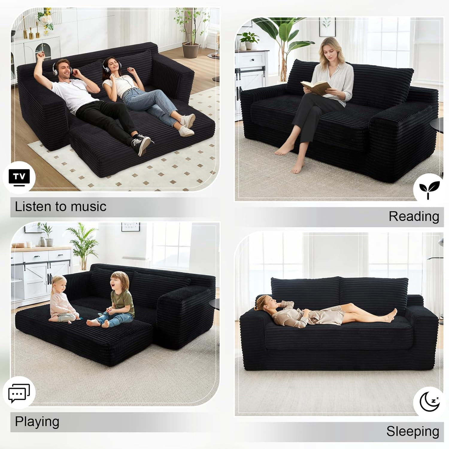 Howcool 71" Boneless Loveseat Sleeper Sofa,2 in 1 Pull Out Convertible Corduroy Floor Couch with Side Storage Pockets & 2 Throw Pillows,Foldable Guest Couch for Living Room,No Assembly Required,Black