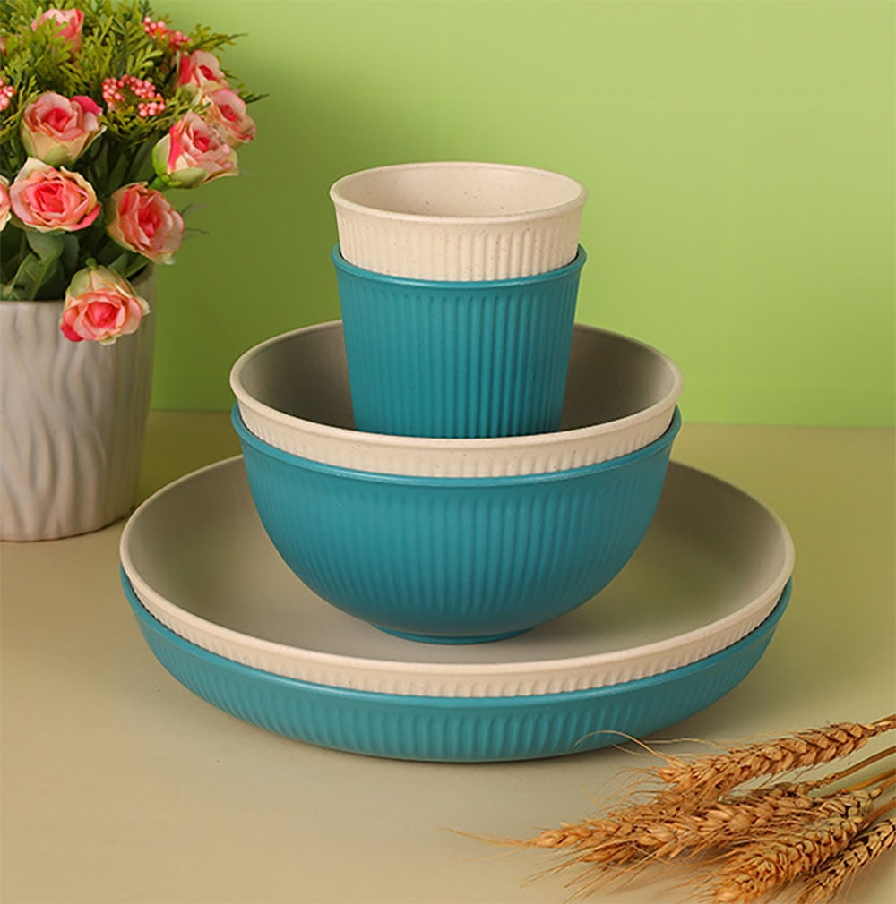 Axidou Wheat Straw Dinnerware Sets, 42 PCS Plastic Plates and Bowls Sets, Travel Camping Cutlery Set