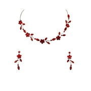 Faship Gorgeous Red Rhinestone Crystal Floral Necklace Earrings Set