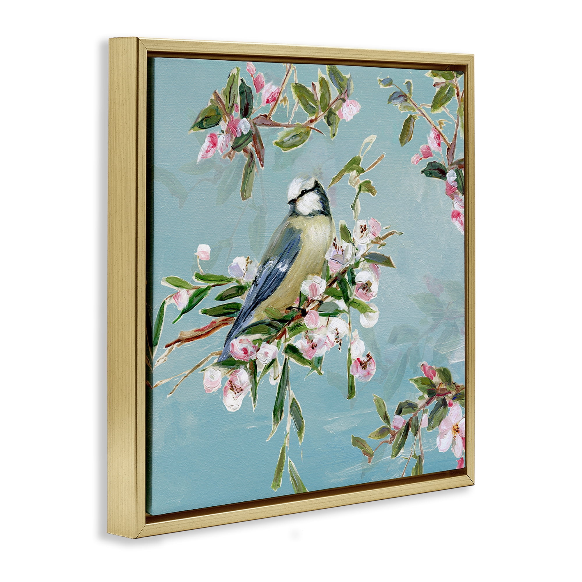 Stupell Industries Songbird Perched on Blooms Gold Framed Floater Canvas Wall Art, design by Sally Swatland