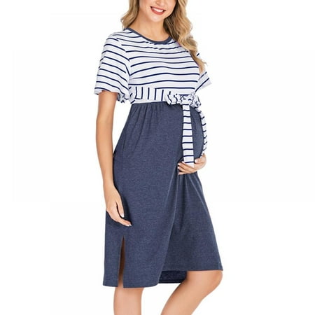 

Clearance Newway Women Striped Maternity Nightgown Round Neck Short-sleeve Pregnant Sleeping Dress Casual Nightdress Nursing Pajamas