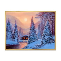 Designart 'The River House In The Woods and Winter Landscape I' Lake House Framed Canvas Wall Art Print