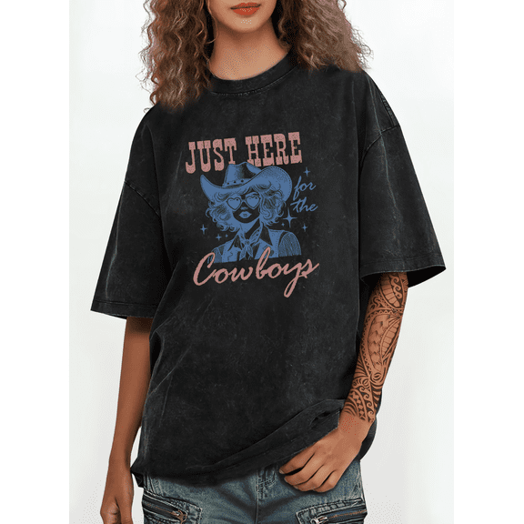 Women's Just Here for the Cowboys Two-Tone Retro Graphic Cotton Washed T-Shirt Comfortable Black S-2XL Plus Size