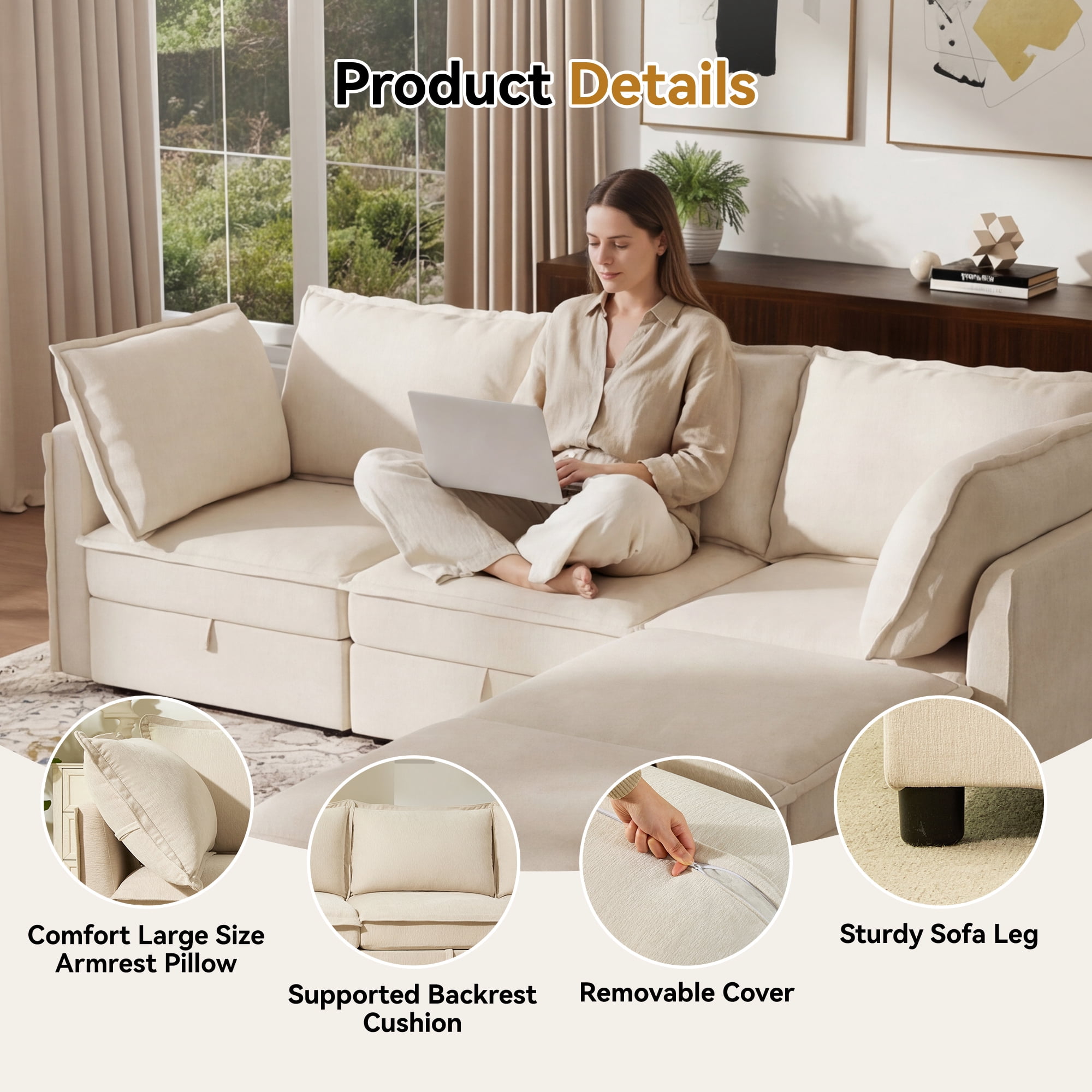 BedLuxury 97" Modular Sectional Sofa with Storage, U-Shaped Modern Sofa Couch with Movable Ottomans for Living Room, Office, Beige