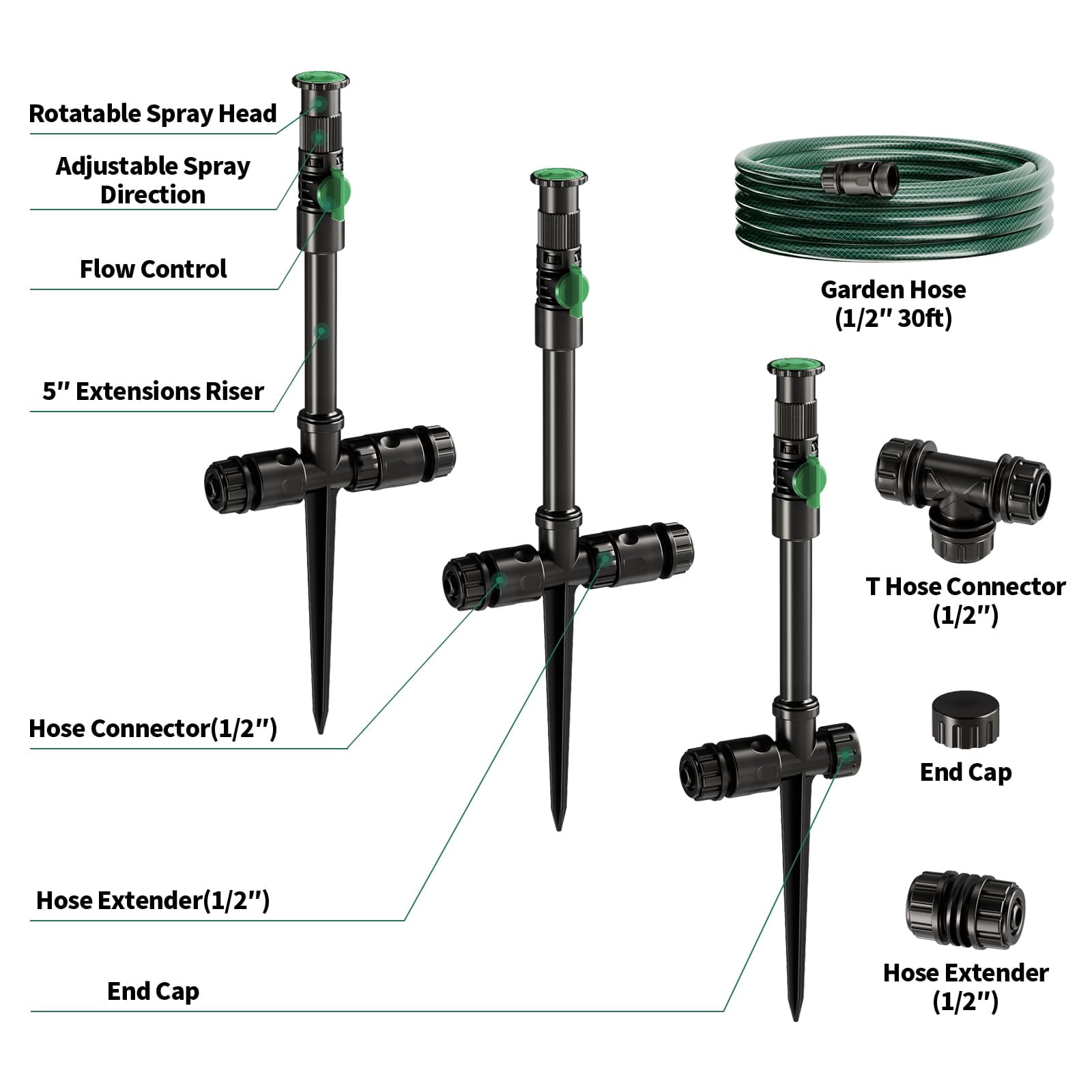 Flexible Sprinkler System  Above Ground Diy Irrigation Kit Multi-adjustable Lawn Set Ideal For Plant And Flower Bed Watering 30ft Garden Hose Included