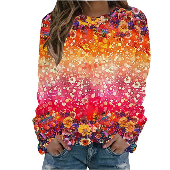 Raeneomay Long Sleeve Shirts for Women Womens Casual Long Sleeved Round Neck Hooded Printed Shoulder SweatShirt