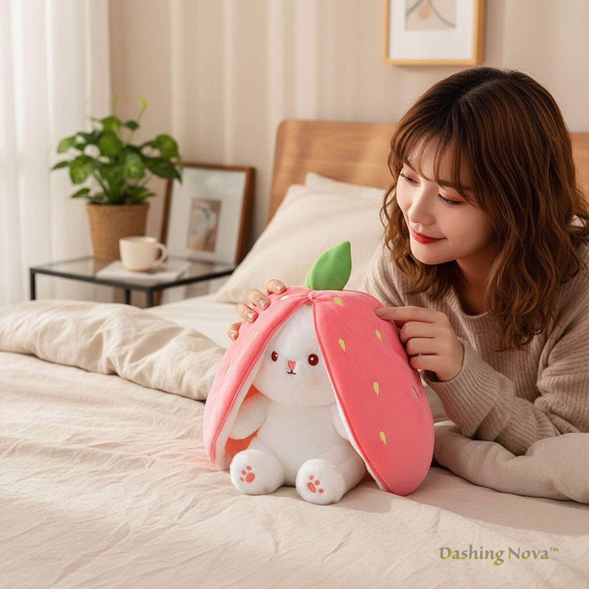 Strawberry Bunny Plush Toy Transformable Rabbit Cute Stuffed Animal, Pink, Large 19.7 inch
