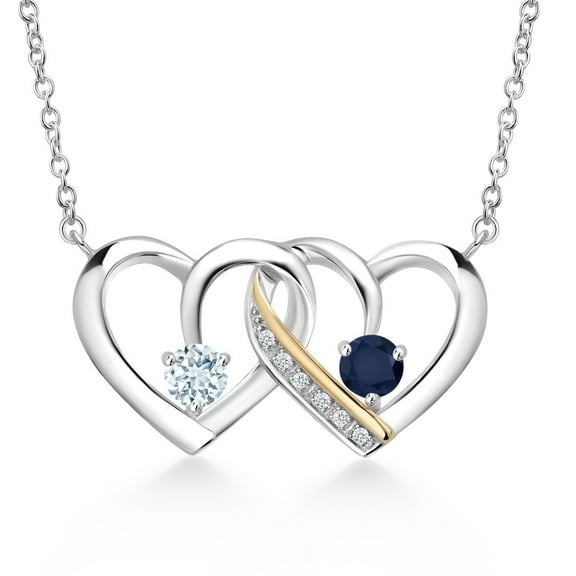 925 Silver and 10K Yellow Gold Sky Blue Aquamarine and Blue Sapphire and Lab Grown Diamond Necklace Necklace for Women | 0.63 Cttw | Gemstone March Birthstone | Round 4MM | With 18 inch Chain