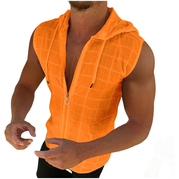 Fewfanhot Men's Zipper Hooded Vest Sleeveless Casual Jacket with Drawstring Hood Lightweight Summer Wear for Outdoor Activities Street Style