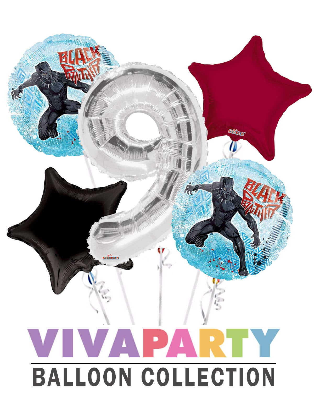 Black Panther Round Balloon Bouquet 5 pc, 9th Birthday, Silver Number 9 Jumbo Balloon | Viva Party Balloon Collection