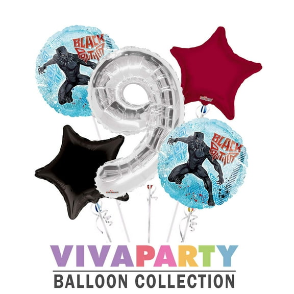 Black Panther Round Balloon Bouquet 5 pc, 9th Birthday, Silver Number 9 Jumbo Balloon | Viva Party Balloon Collection