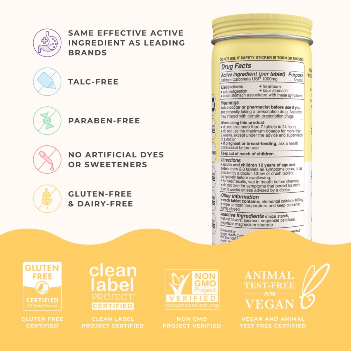 Wonderbelly Antacid Tablets for Heartburn Relief, Lemon Sorbet Flavor, 60 Chewable Tablets