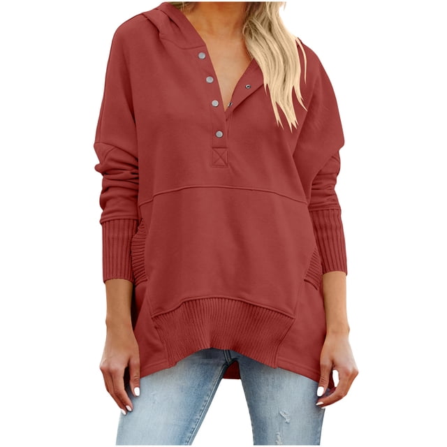 Women's Plus Size Loose Hooded Lapel Button Sweatshirt - Long Sleeve Casual Fleece Pullover Tunic